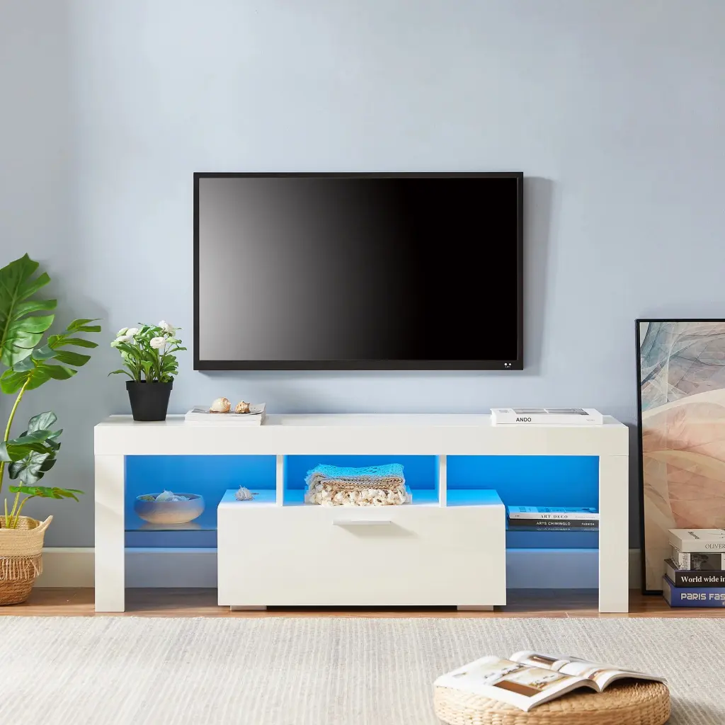 White Modern TV Stand LED Lights High Glossy Front TV Cabinet Lounge Living Room or Bedroom unknown