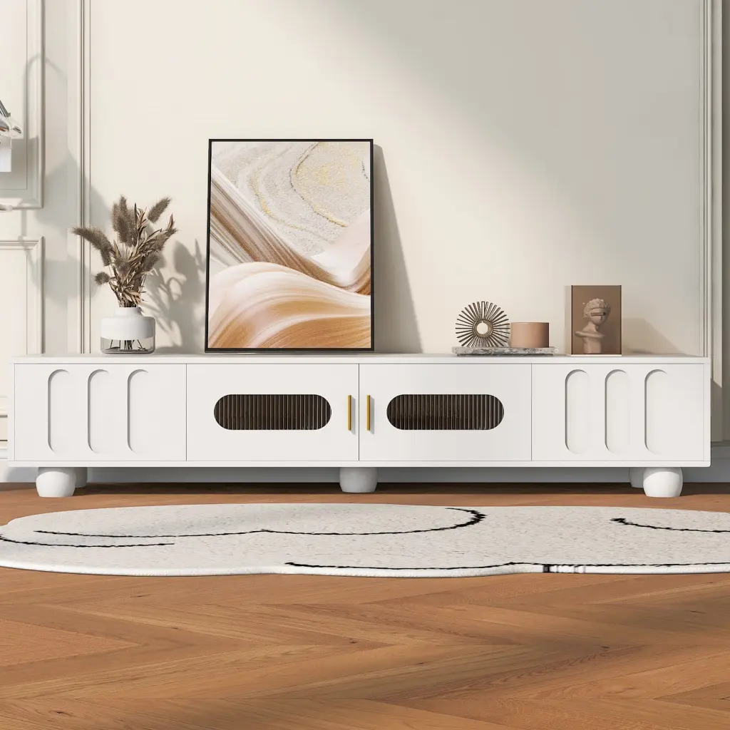 Modern TV Stand TVs up to 80 Inches Glass Door 2 Drawers and Cabinets Solid Wood Legs Viruhaka