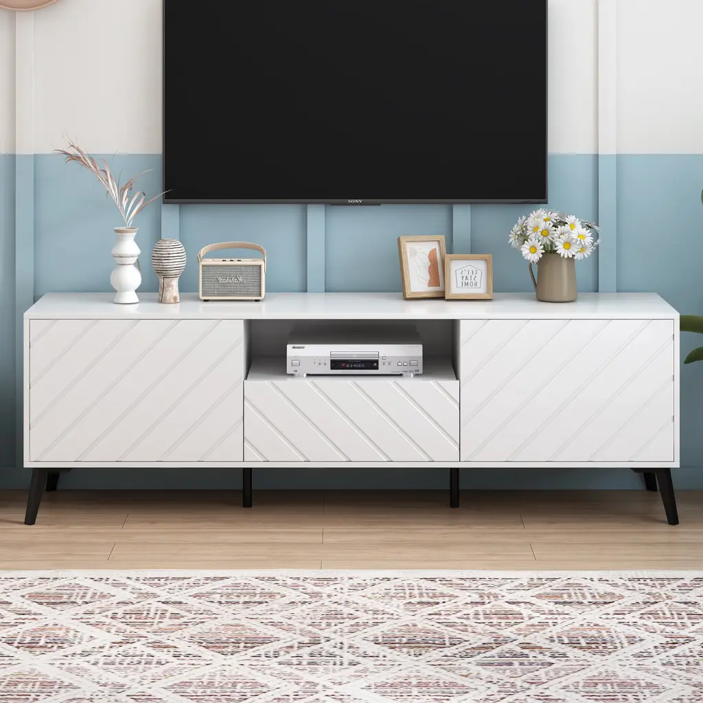 Modern TV Stand 70 Inch TV Adjustable Shelves 1 Drawer and Open Shelf Metal Feet Viwebaily