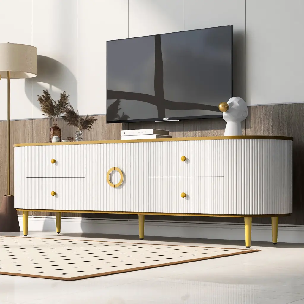 Modern TV Stand TVs up to 80 Inches 4 Drawers and 1 Cabinet Wood TV Console Table Metal Legs Viwebaily