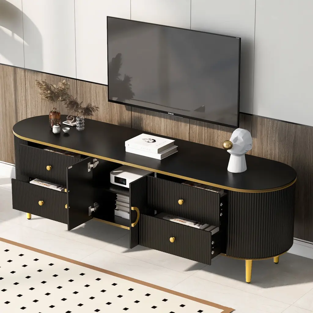 Modern TV Stand TVs up to 80 Inches 4 Drawers and 1 Cabinet Wood TV Console Table Metal Legs Viwebaily