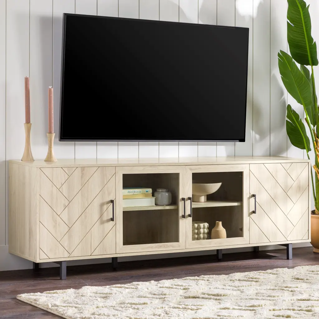 Walker Edison Boho Wood and Glass Door TV Stand Birch Modern Entertainment Center
