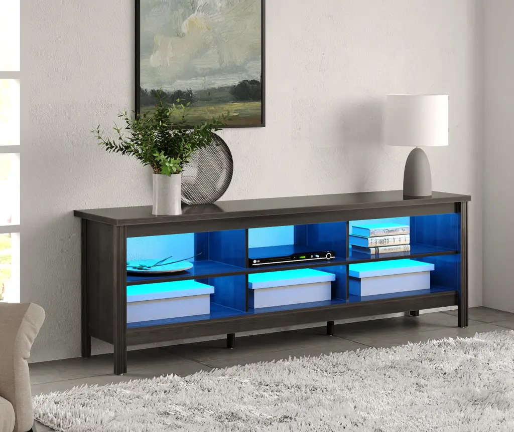Black LED TV Stand 80 75 Inch TV 6 Storage Cabinets Entertainment Center Living Room Bedroom Wampat