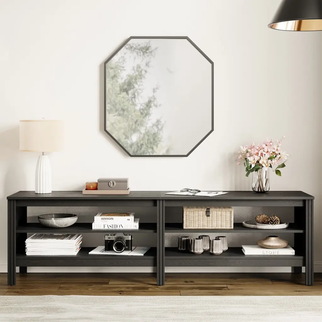 Modern Wood TV Console Stand 75 Inch TVs Black Entertainment Center Living Room Wampat