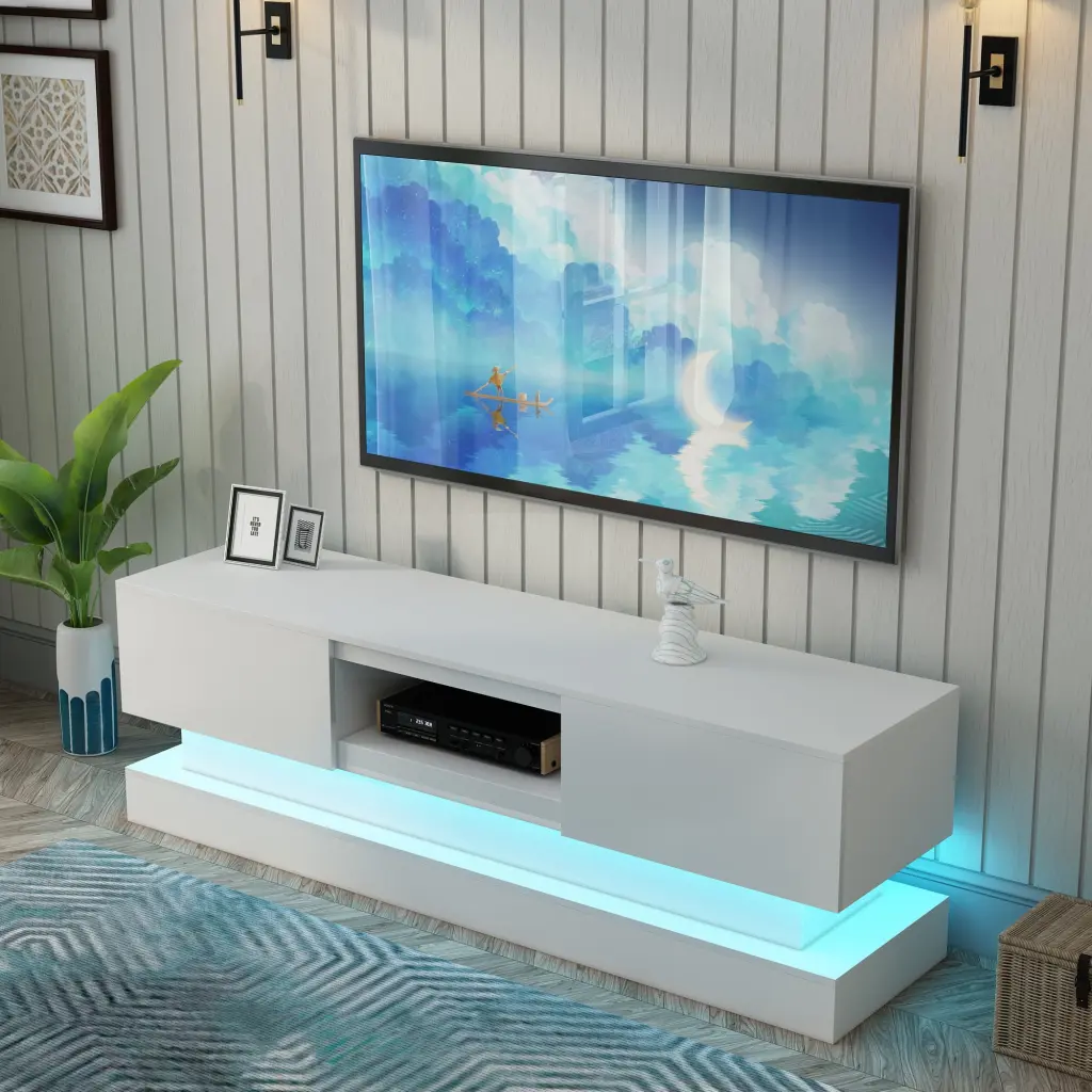 Modern White TV Stand 50-55 Inch TVs 16 Color LED Lights Waytrim