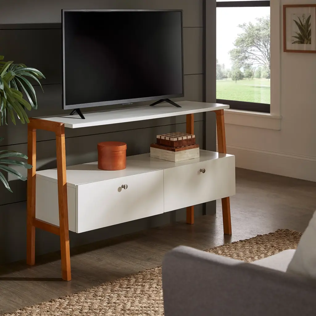 Weston Home Olyvia White Wood TV Stand Drawers TVs up to 47 Inches