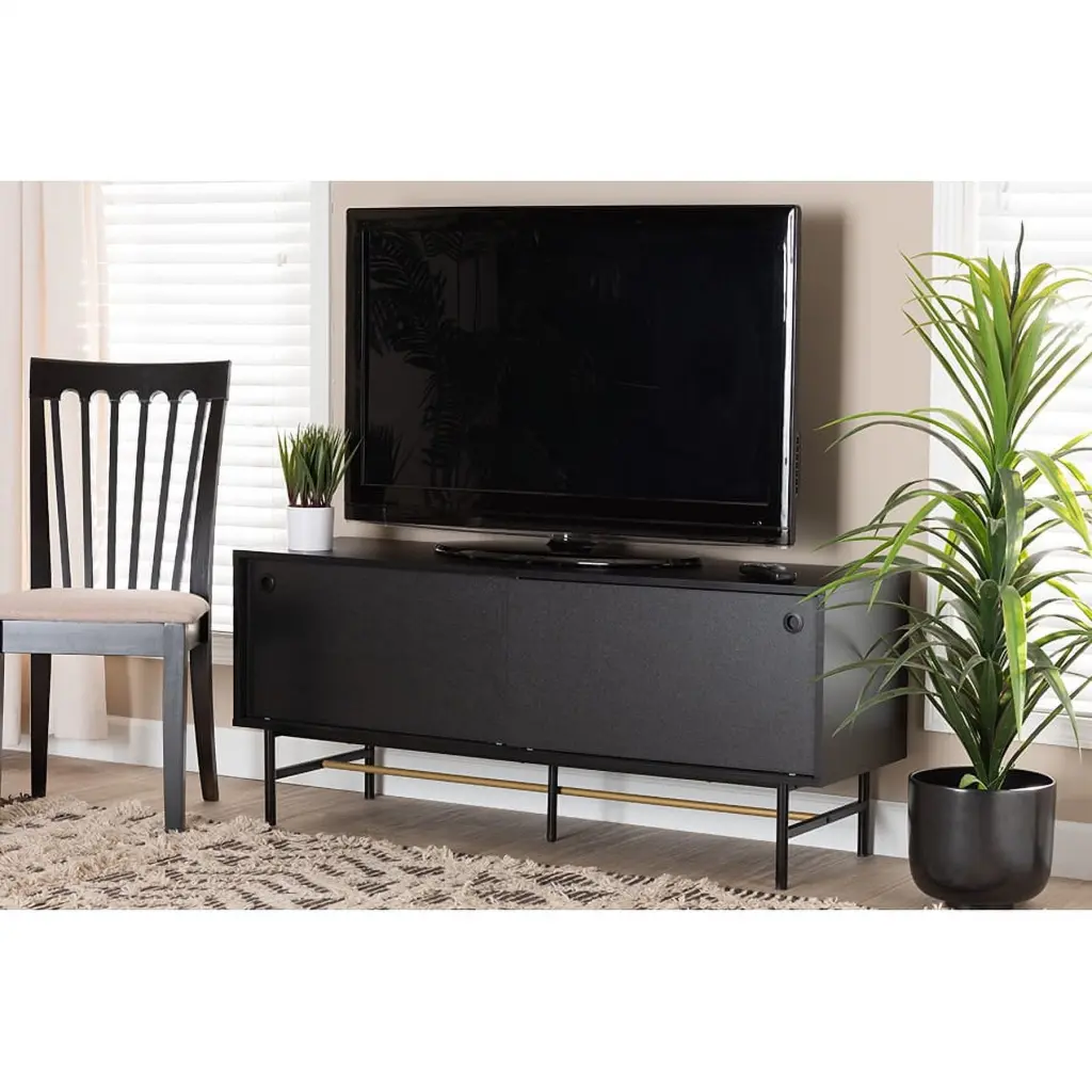 Baxton Studio Truett Modern Dark Brown Wood and Black Gold Metal TV Stand Wholesale Interiors