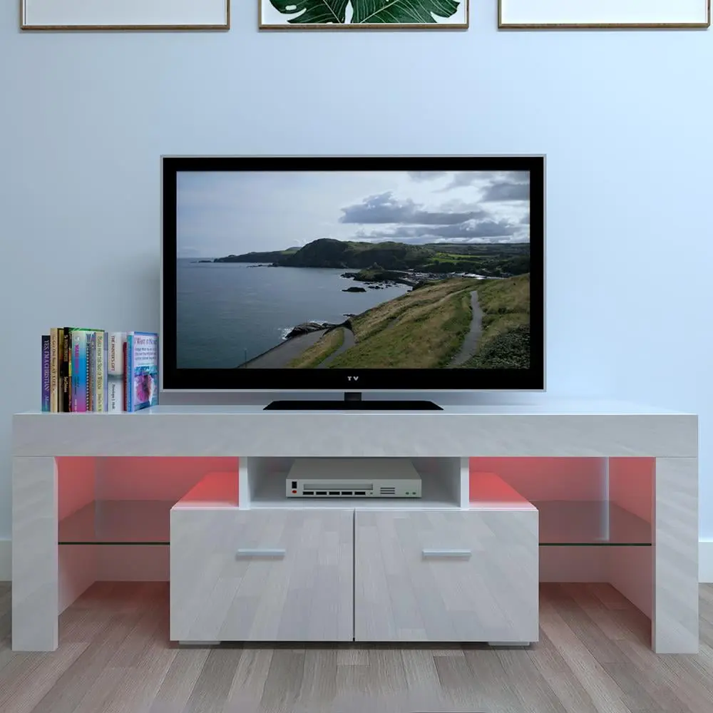 Winado High Gloss TV Stand LED Lights 2 Drawers Media Console White