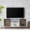 Yoneston Modern TV Stand Storage Drawers and Sliding Barn Door White and Natural Finish