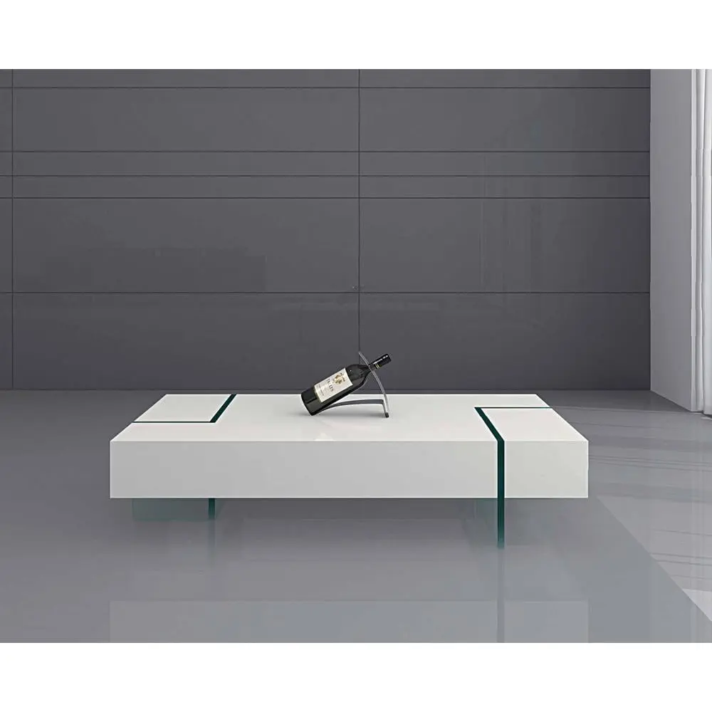 Modern Coffee Table White Lacquer Wood Top and 15mm Thick Glass Legs Contemporary Design Creative Images International