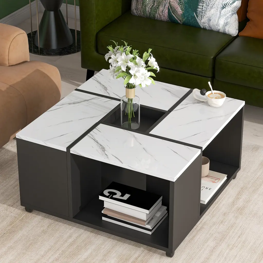 EUROCO Modern Square Coffee Table 2-Tier Casters Removable Tray 31.4x31.4
