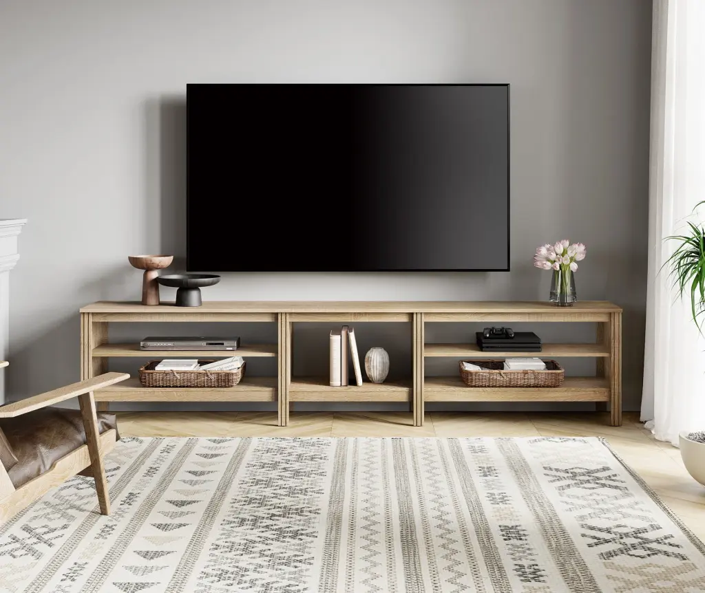 80 Inch Black TV Stand 85-100 Inch TVs 5 Open Shelves Wood Media Console Entertainment Center Living Room FITUEYES