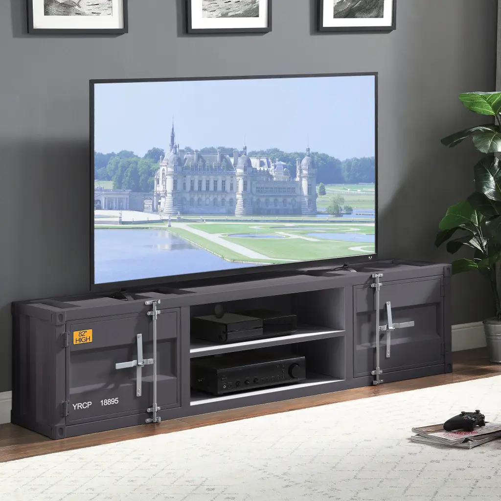 Gunmetal TV Stand 2 Open Shelves 70 Inch Media Console furniture max