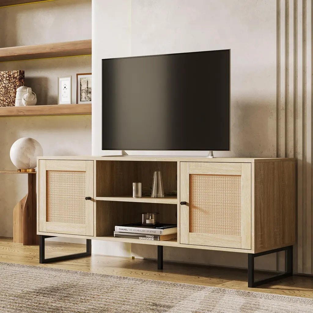 JOYSOURCE Rattan TV Stand Entertainment Center Storage and Rattan Door joysourcefurniture