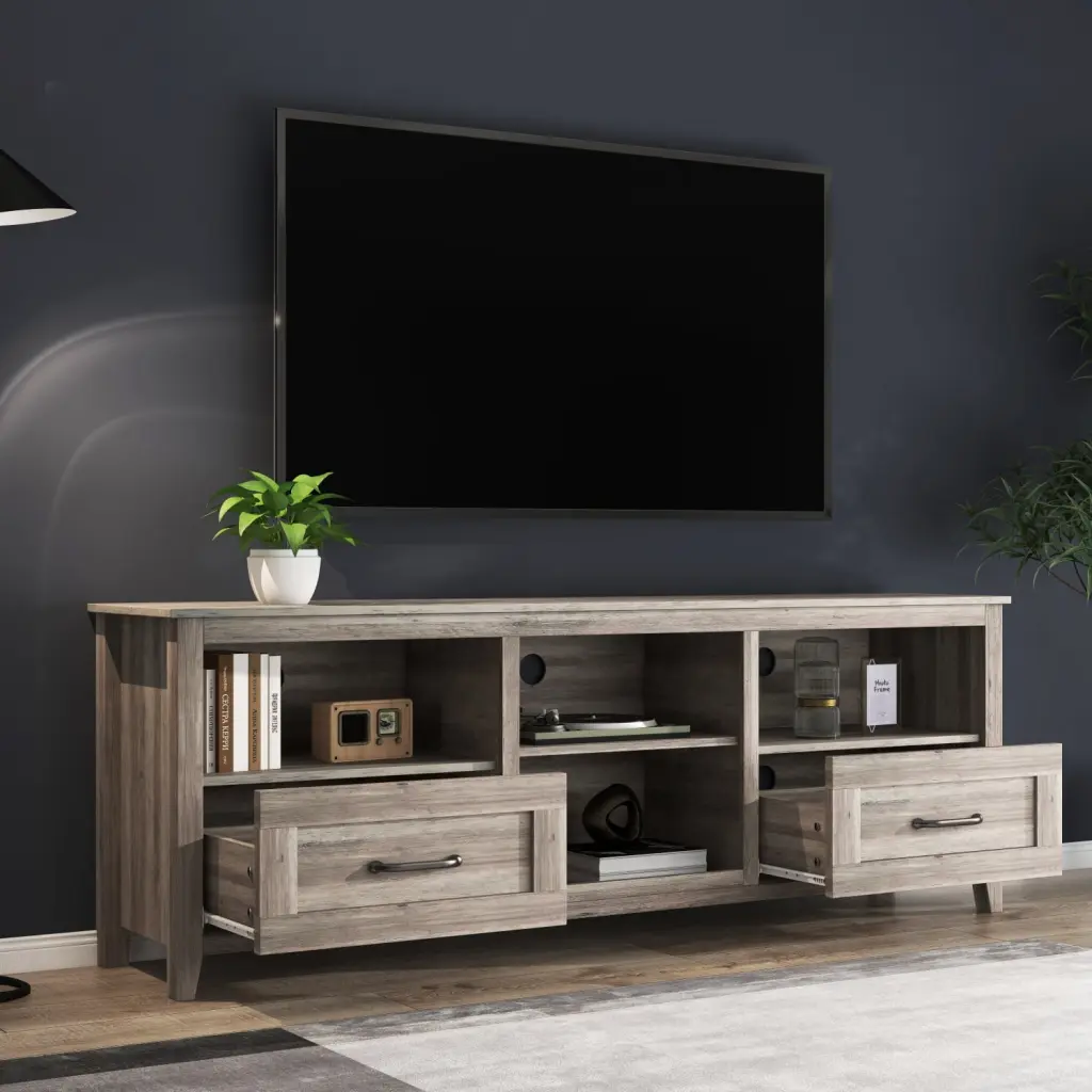 Kadyn 70.08 Inch TV Stand Particle Board Cabinet 2 Drawers and 4 Storage Compartments Grey
