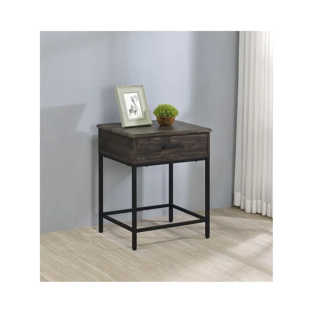 Cliff Engineered Wood Brown End Table Drawer and Metal Frame Lilola Home