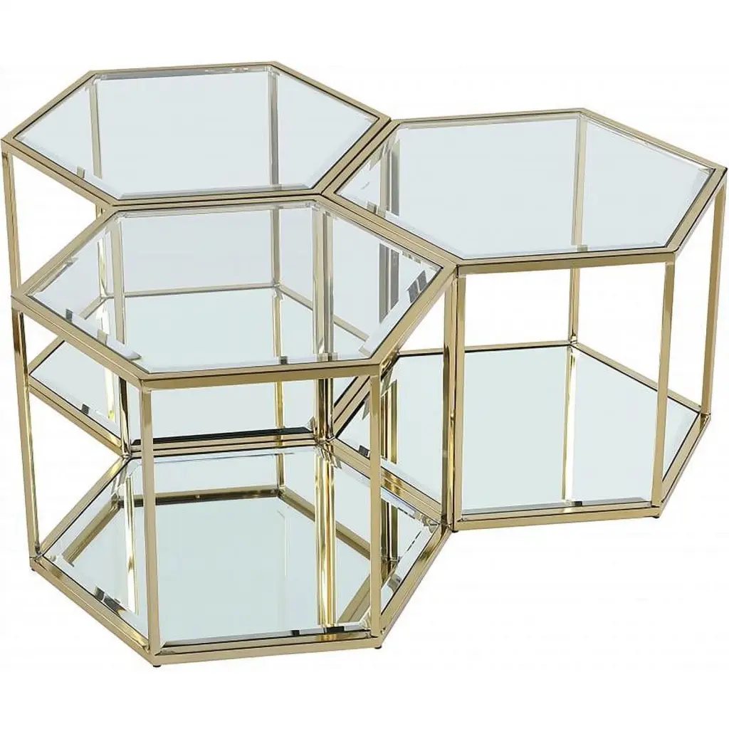 Maklaine 3-Piece Modular Stainless Steel and Glass Coffee Table Brushed Gold