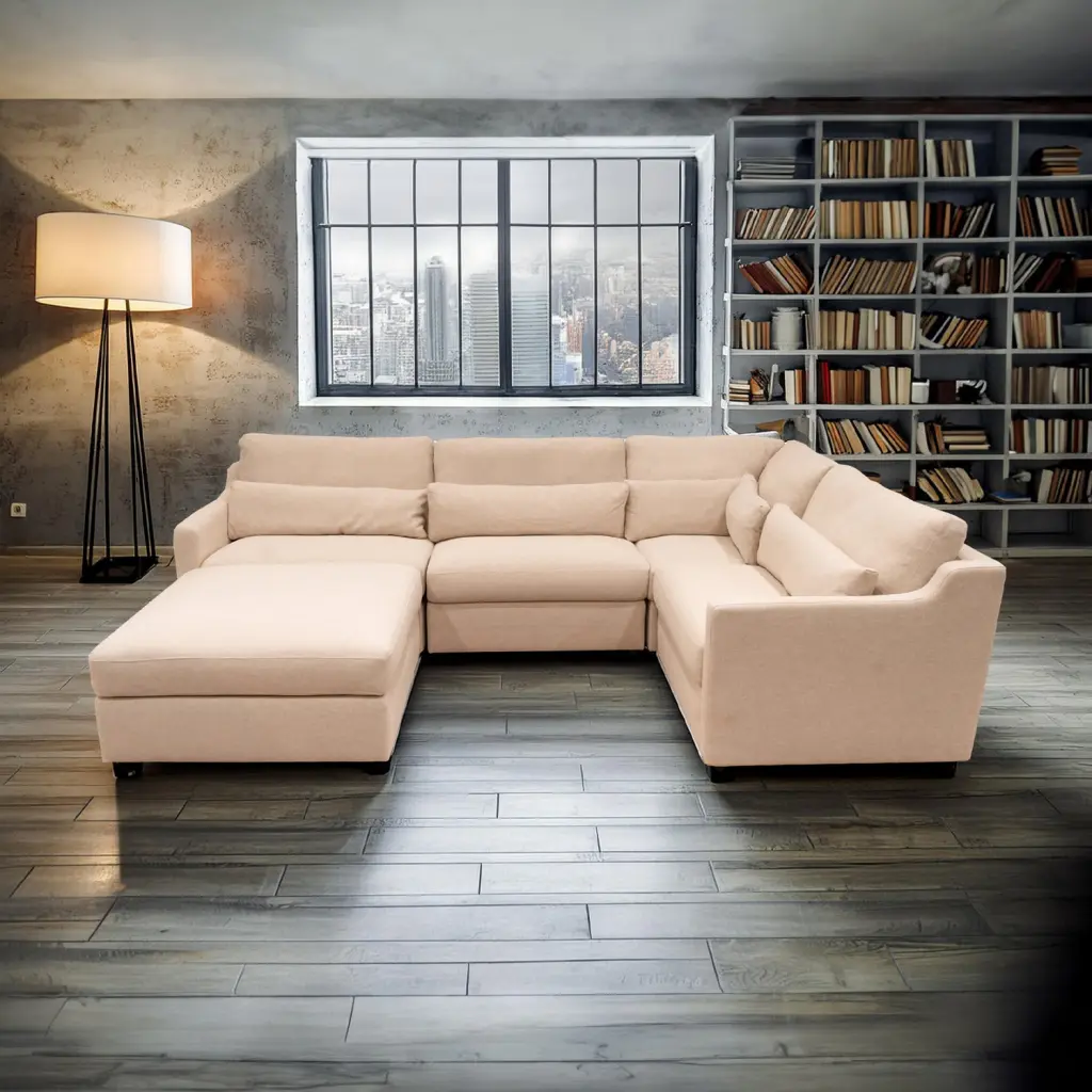 Hampshire Unbleached Linen Modular 5 Piece Sectional Beige Wood american homestead furniture