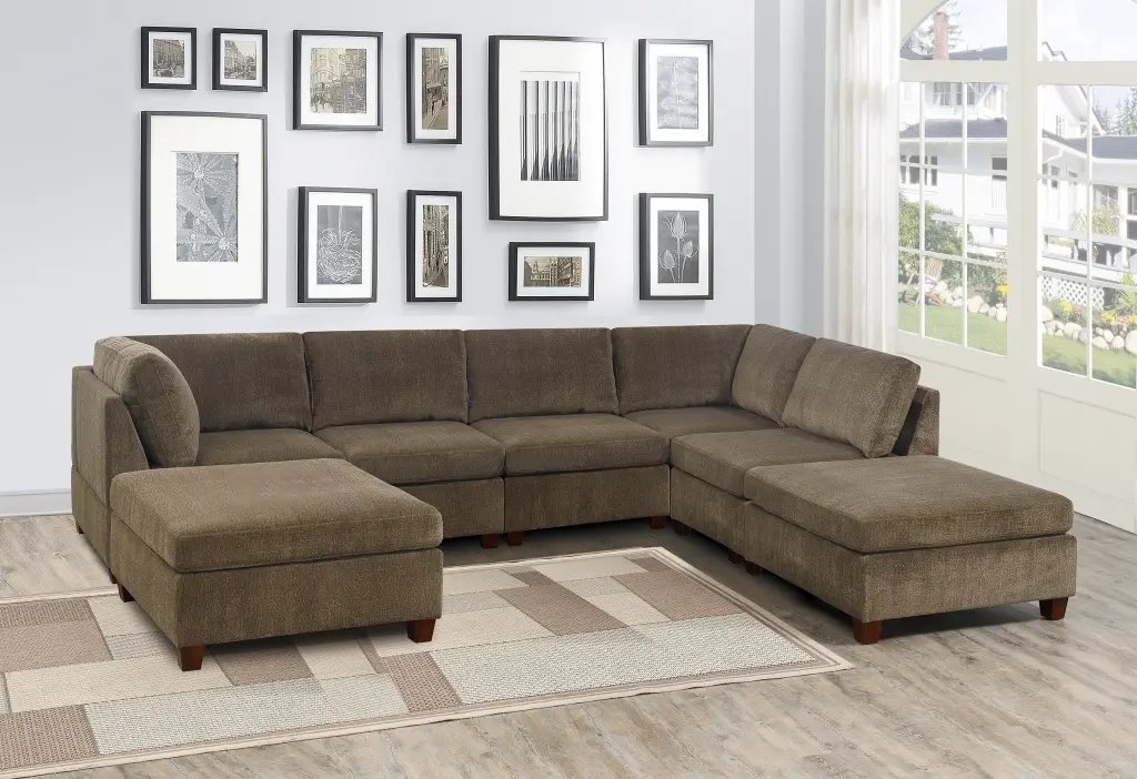 Living Room Furniture Tan Chenille Modular Sectional 7Pc Set U Section Sofa Ottoman kanepe
