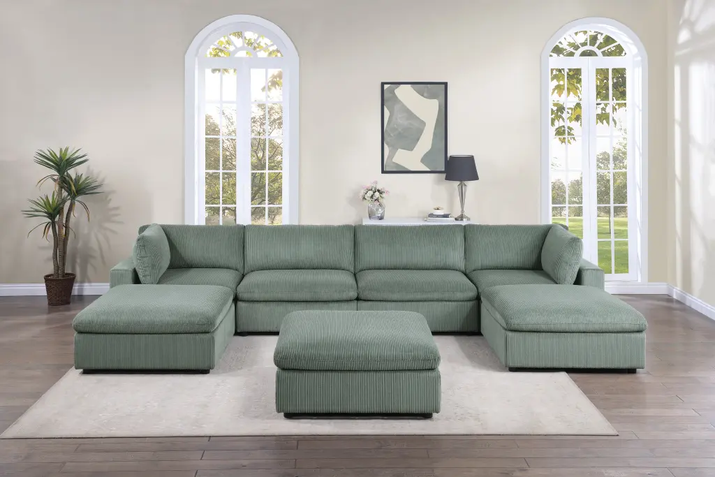 Sage Color 7Pc Modular Sectional Set Corduroy Upholstery Couch 2X Corner kanepe