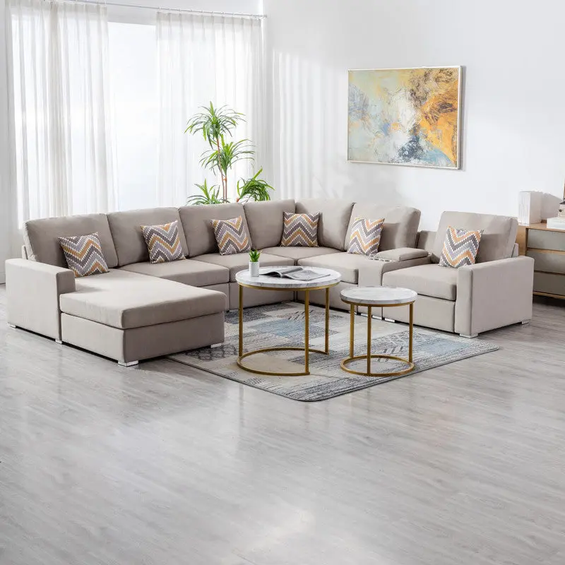 Nolan 124 Inch Beige Linen 7 Piece Reversible Chaise Sectional Sofa lilola home
