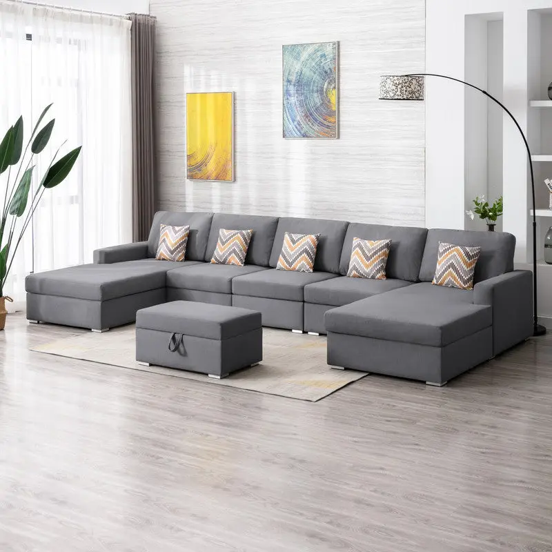 Nolan 152 Gray Linen Material 6Pc Double Chaise Sectional Sofa Integrated Storage lilola home
