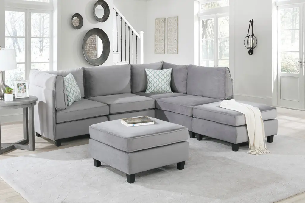 Simona 90 Inch Gray Velvet 6 Piece Modular Sectional Sofa Living Room Set lilola home