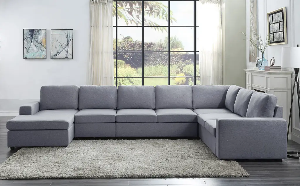 Tifton 147 Inch Light Gray Linen 7 Seat Reversible Modular Sectional Sofa lilola home