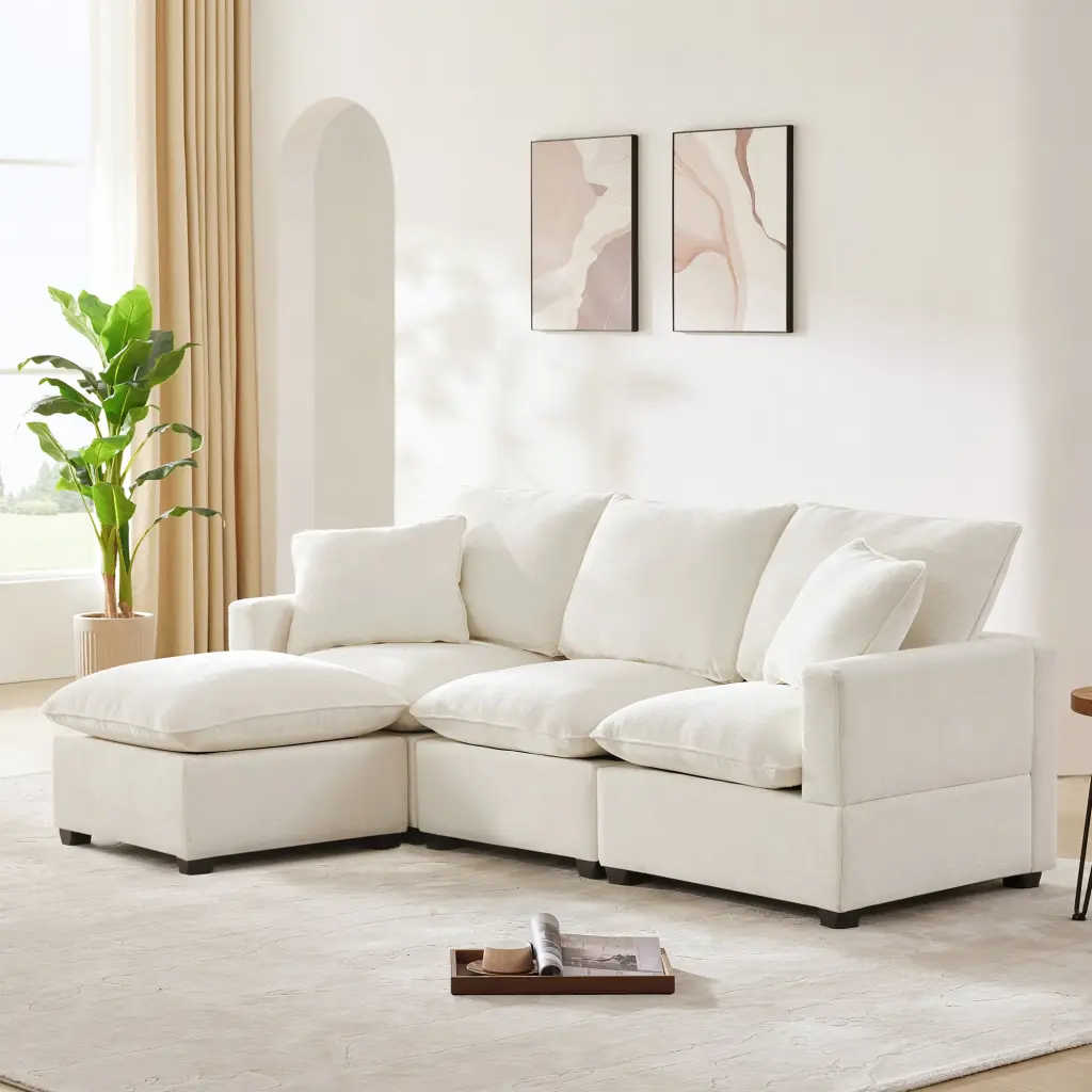 84x57 Inch Modern Modular 4-Seat Chenille Sectional Sofa Set 2 Pillows rnb