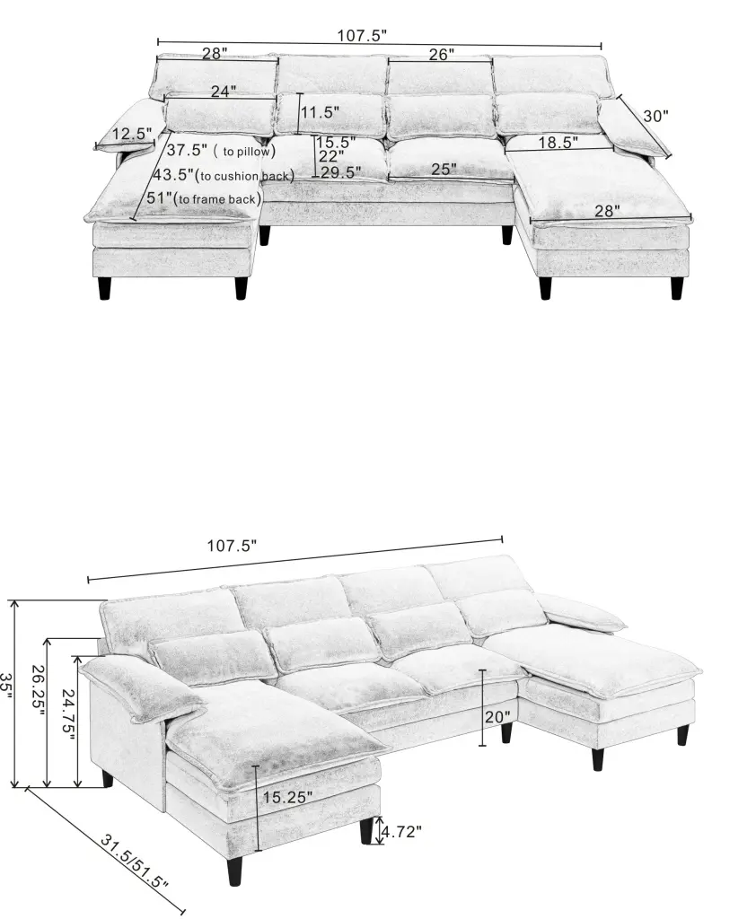 U Influenced Modular Sectional Sofa Couch Corner Sofa 4Pcs Waist Pillows sun-t furniture