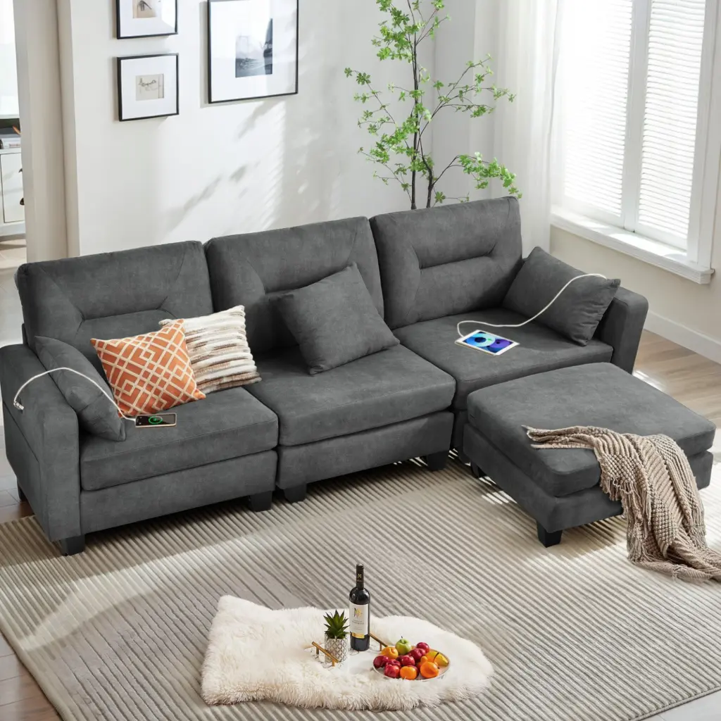 Oversized 86 Inch L Shaped Modular Sectional Couch USB Ports Ottoman Included t2586