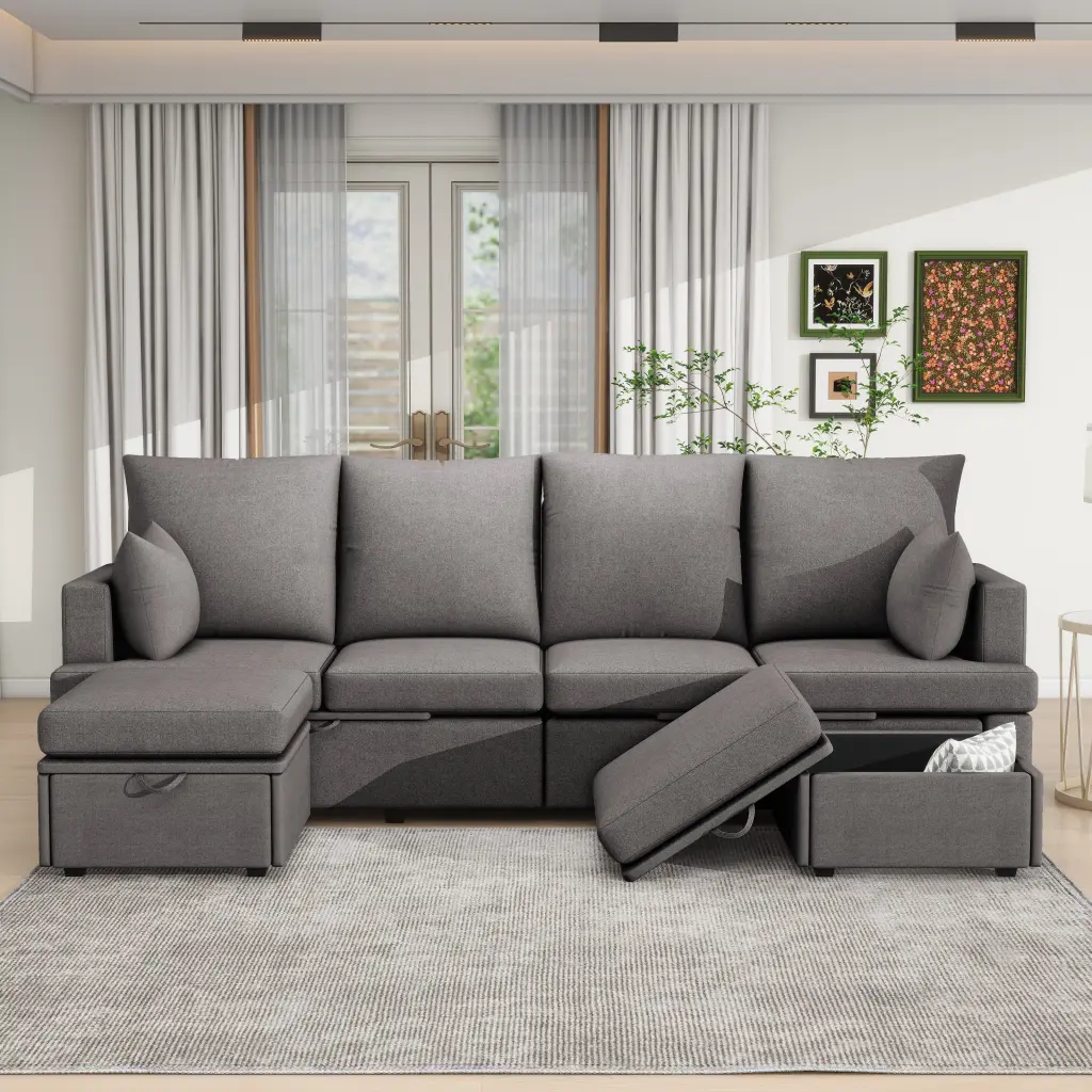 Modern U Shape Modular Sofa 6 Seat Chenille Sectional Couch Set 2 Pillows w2674