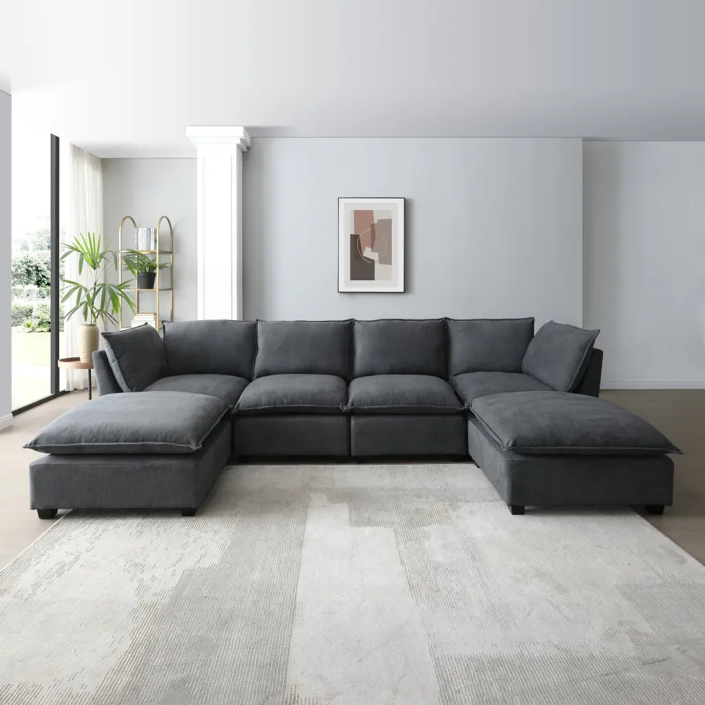 130 Inch Modular Sectional Sofa Linen Fabric and Convertible Design aijiafurniture