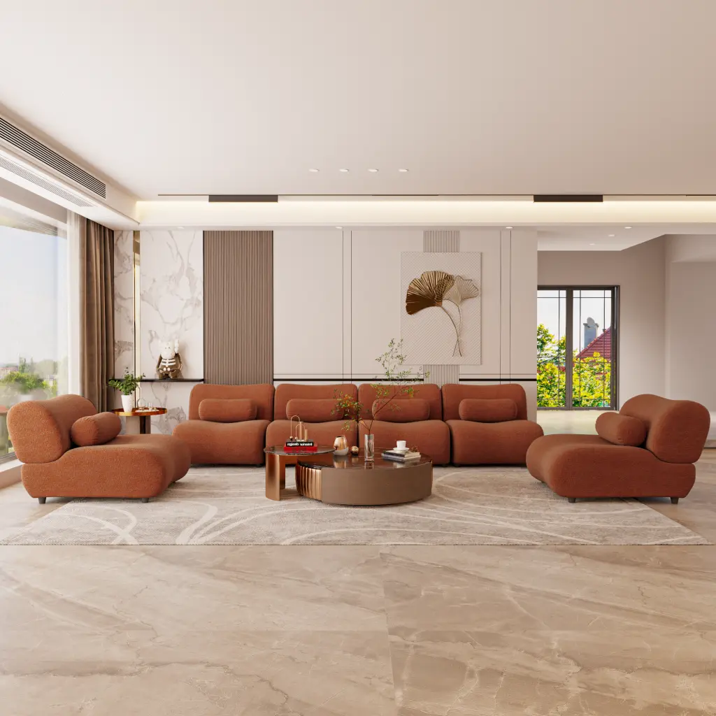Contemporary Orange Chenille Modular Sofa Set 6 Piece Sectional Couch Living Room factoryx