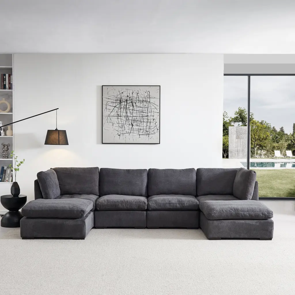 Modular Sofa Ottoman Down Filled Soft Linen Dark Green Couch hdf store