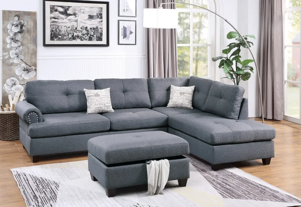 3 Piece Blue Grey Polyfiber Sectional Sofa Chaise and Ottoman Living Room kanepe