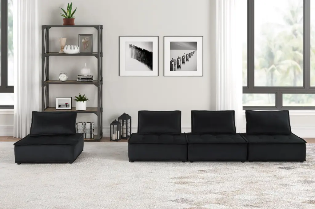 Anna 120 Inch Black Velvet 4 Piece Modular Sofa Set Large Living Room lilola home