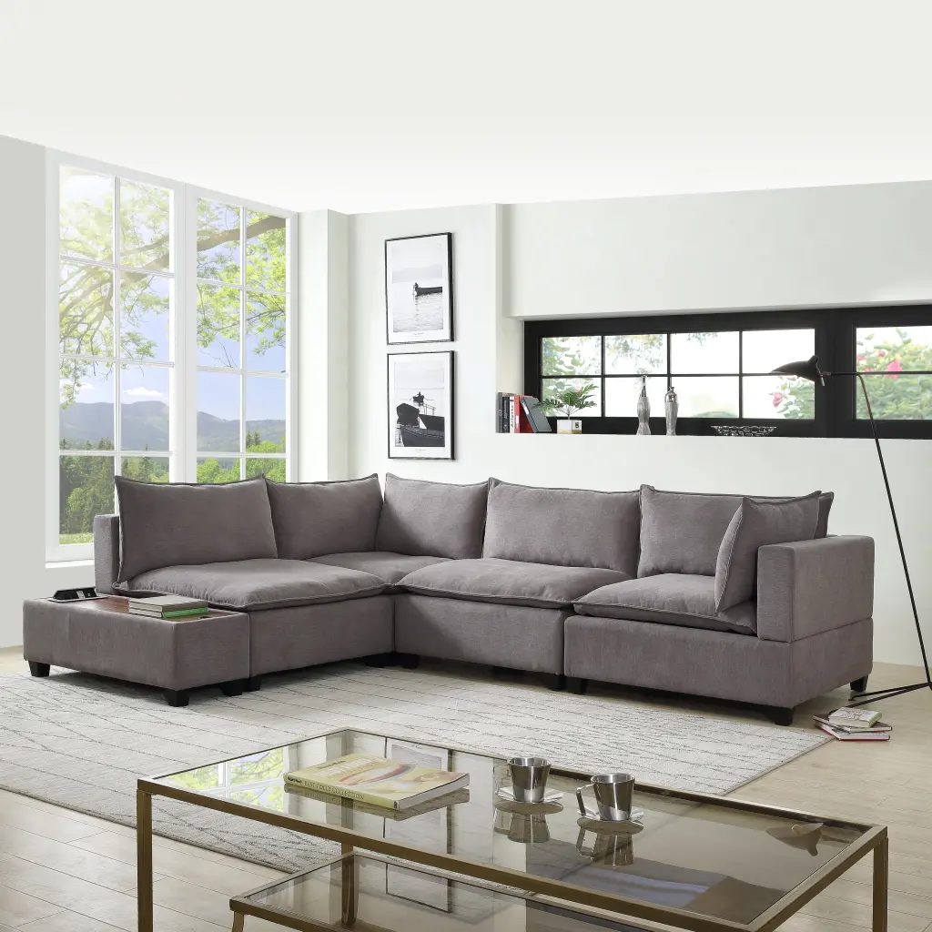 Madison 120 Inch Light Gray Fabric 5 Piece Modular Sectional Sofa lilola home