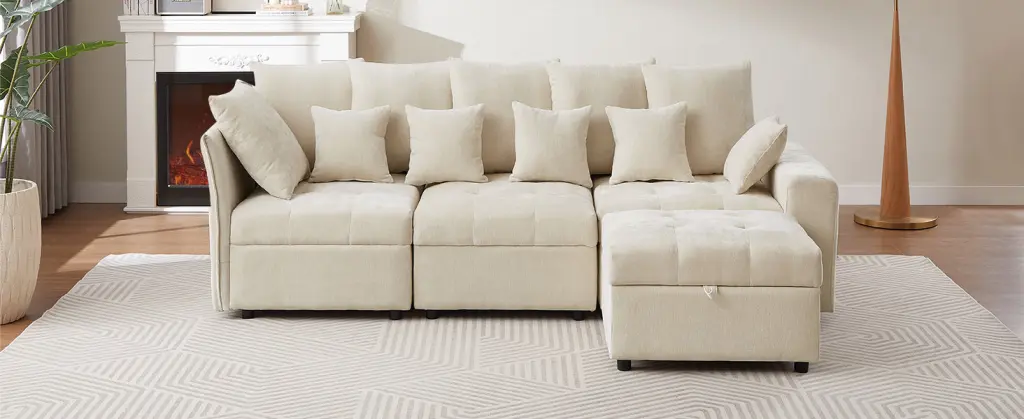 96.45 Inch Sectional Sofa Modular Couch Three USB Ports Removable Cushions rnb