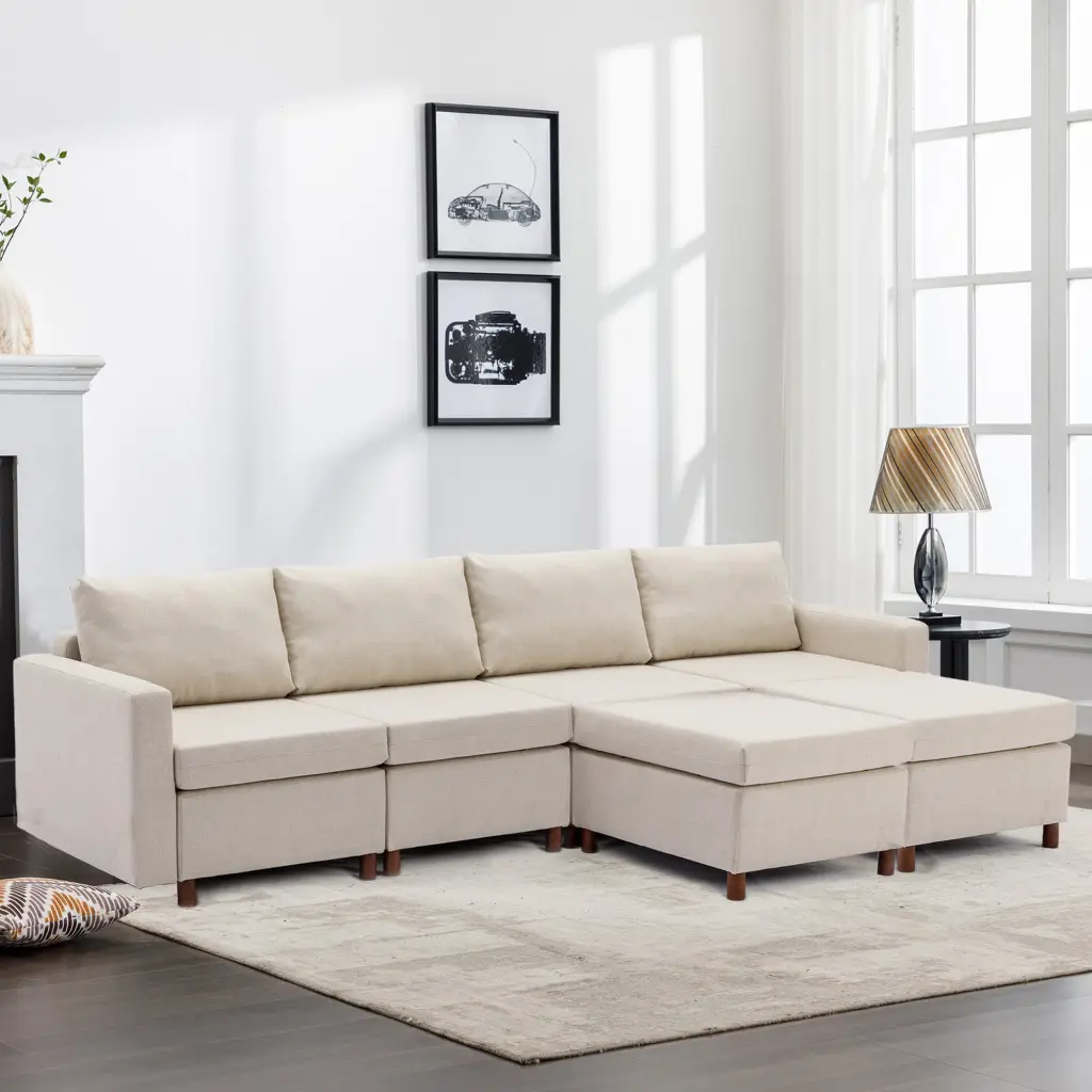 4 Seat Module Sectional Sofa Couch 2 Ottoman Living Room Modern L Shaped Sofa rnb