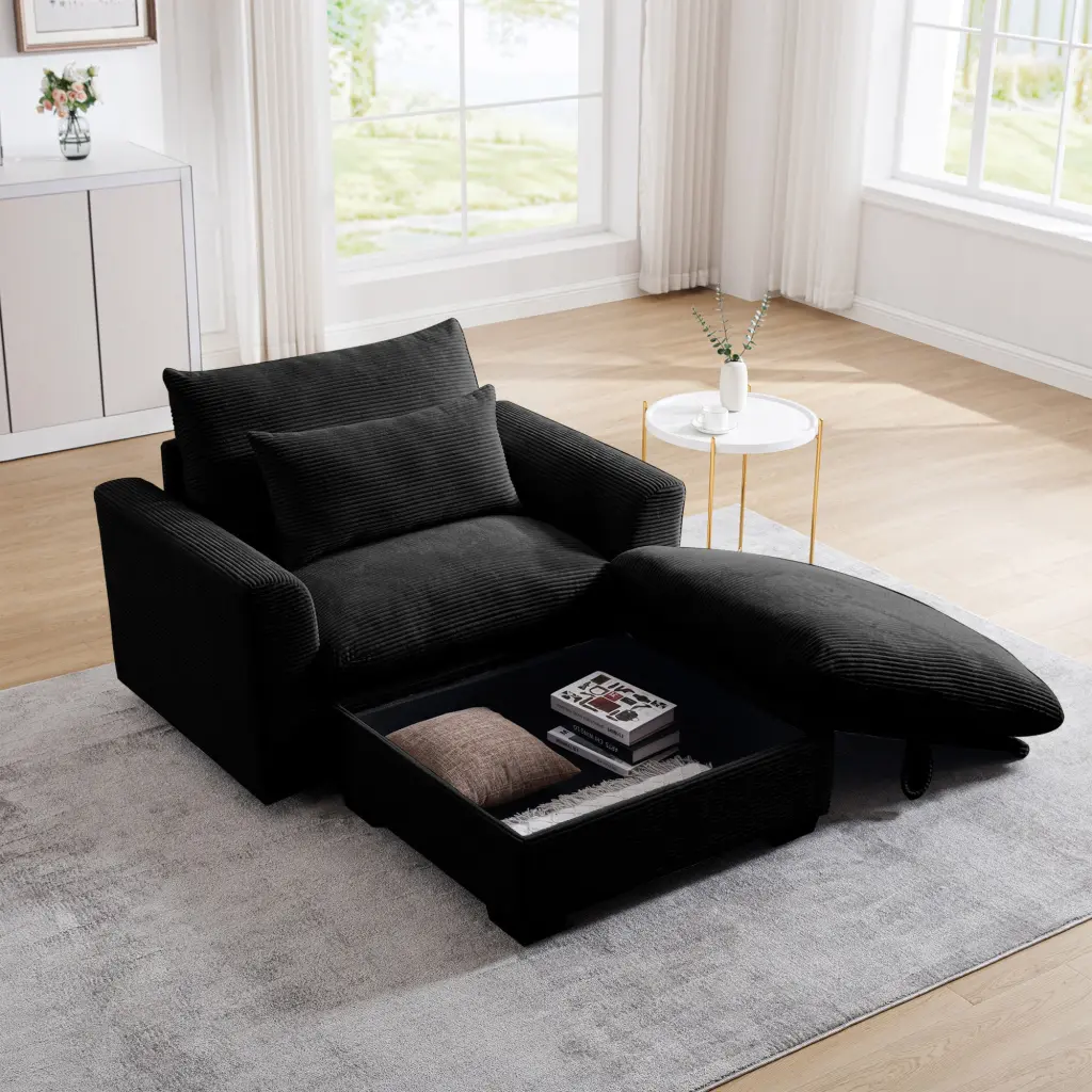 Black Corduroy Sofa Couch Modular Storage Ottoman Living Room ui furniture