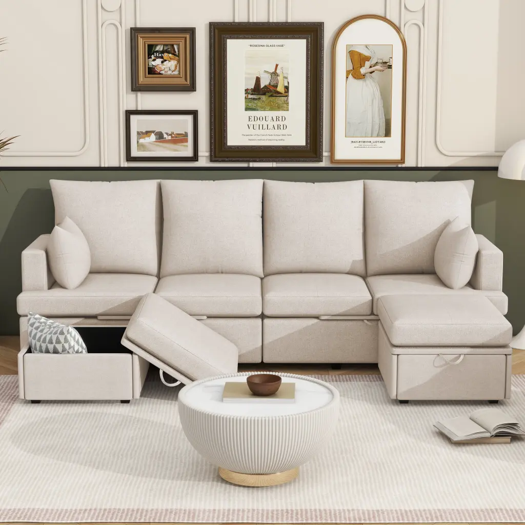 Modern U Shape Modular Sofa 6 Seat Chenille Sectional Couch Set 2 Pillows w2674