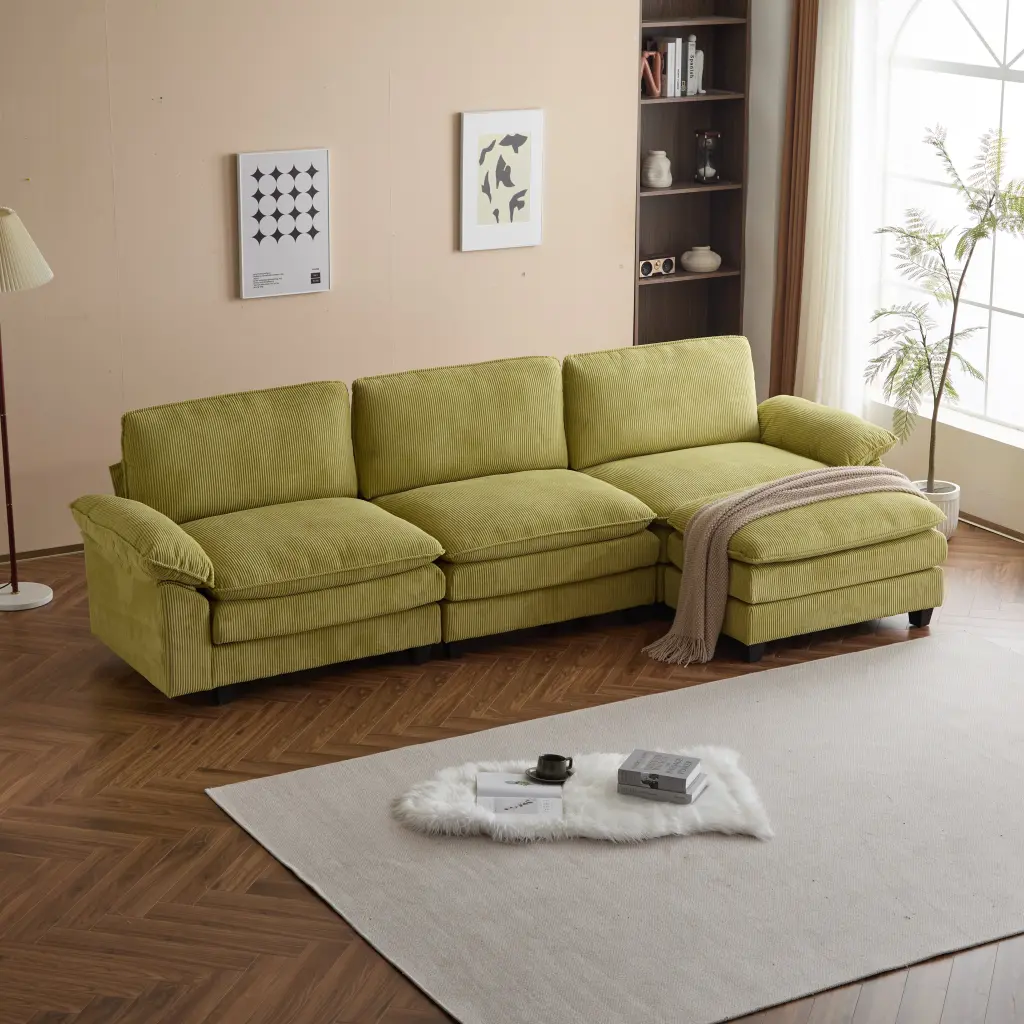 Modular Sectional Sofa Movable Ottoman L Shaped Corduroy Material Couch w2911