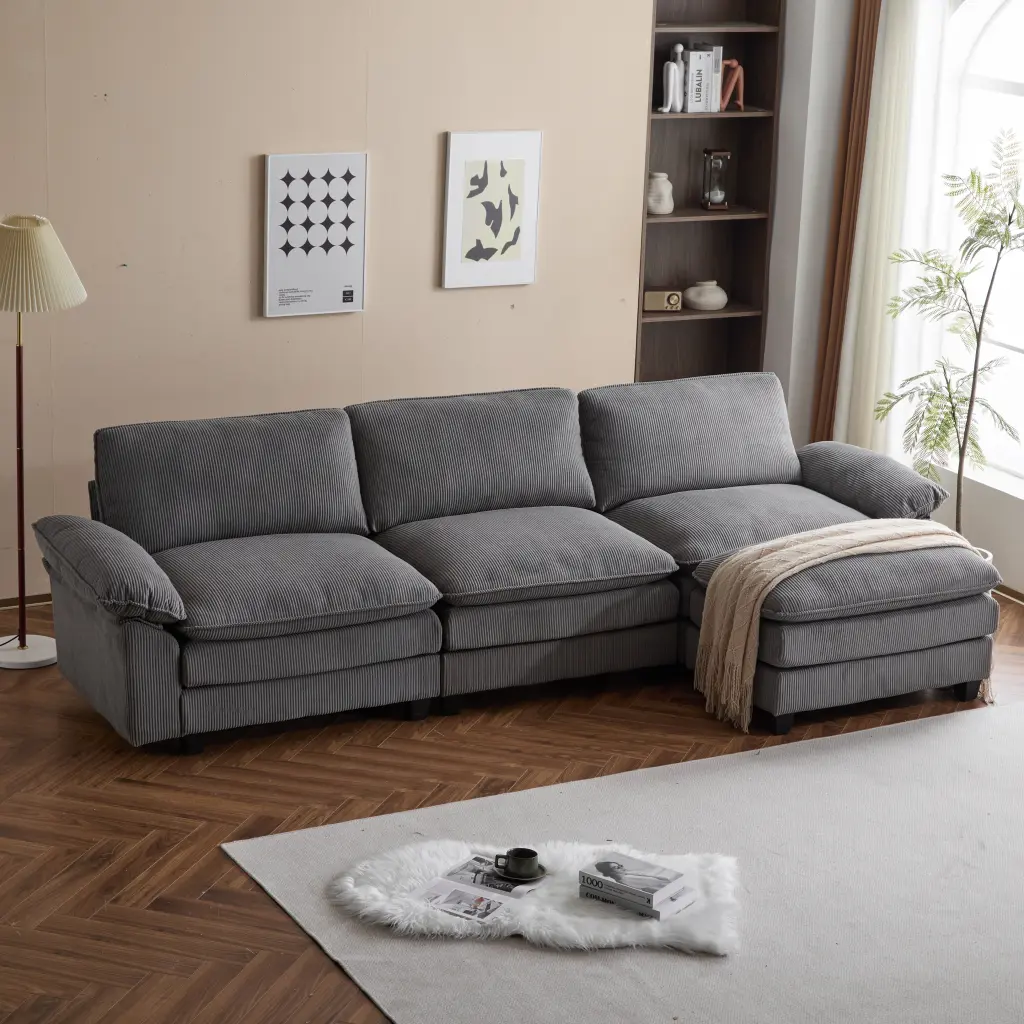 Modular Sectional Sofa Movable Ottoman L Shaped Corduroy Material w2911
