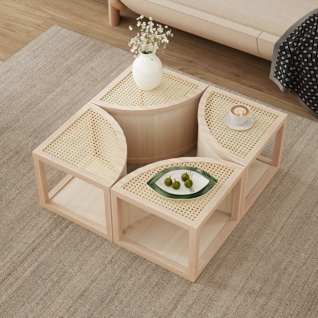 Round to Square Block Modular Coffee Table Light Natural Rattan Storage rnb