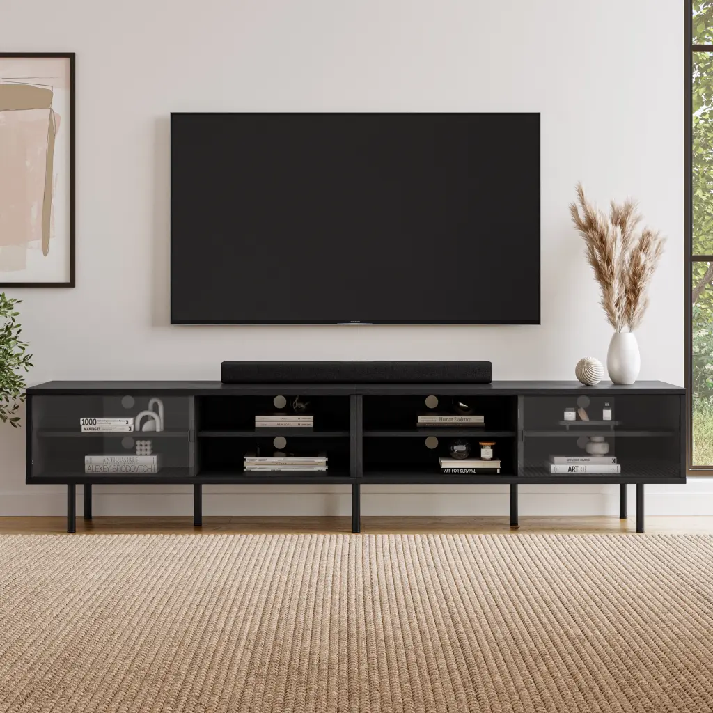 Kris Alley Pictura Ravenwood Black Modular Engineered Wood 8 Shelf Double TV Stand TVs up to 110 Sliding Glass Doors Kris ...