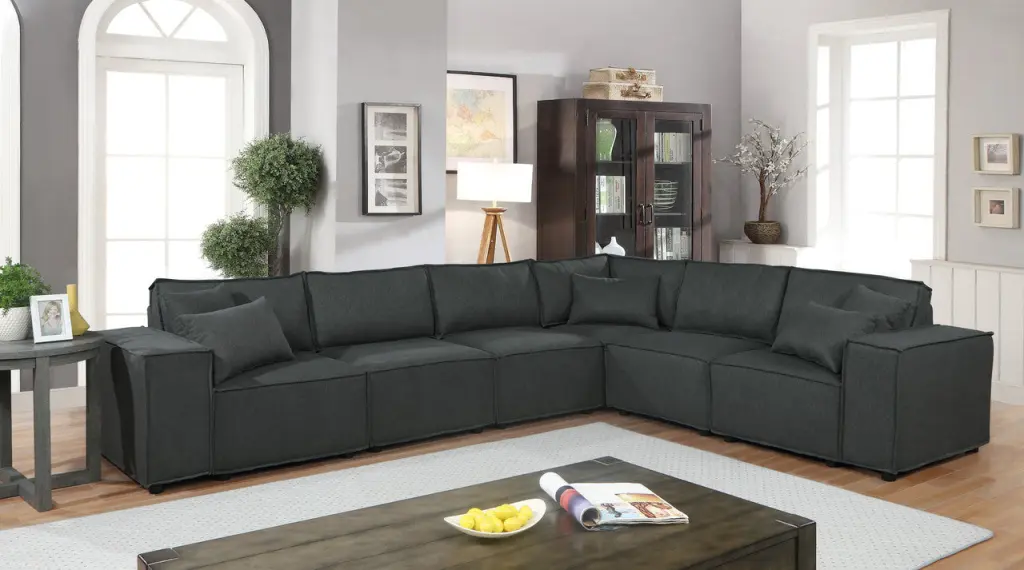 Janelle 127.5 Inch Modular Sectional Sofa Dark Gray Linen Fabric Living Room lilola home
