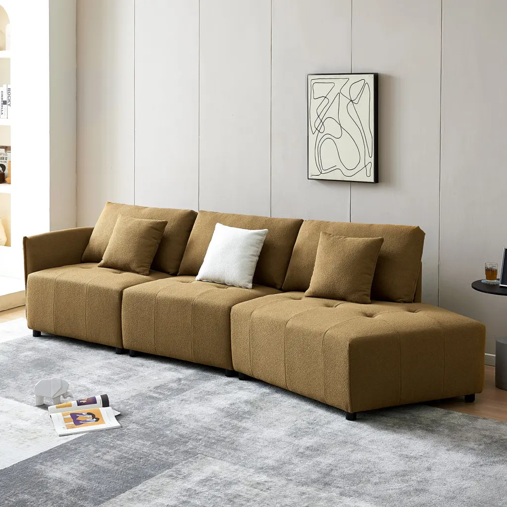 120 Inch Teddy Fabric Sofa Modern Modular Sectional Couch Button Tufted Design modasi