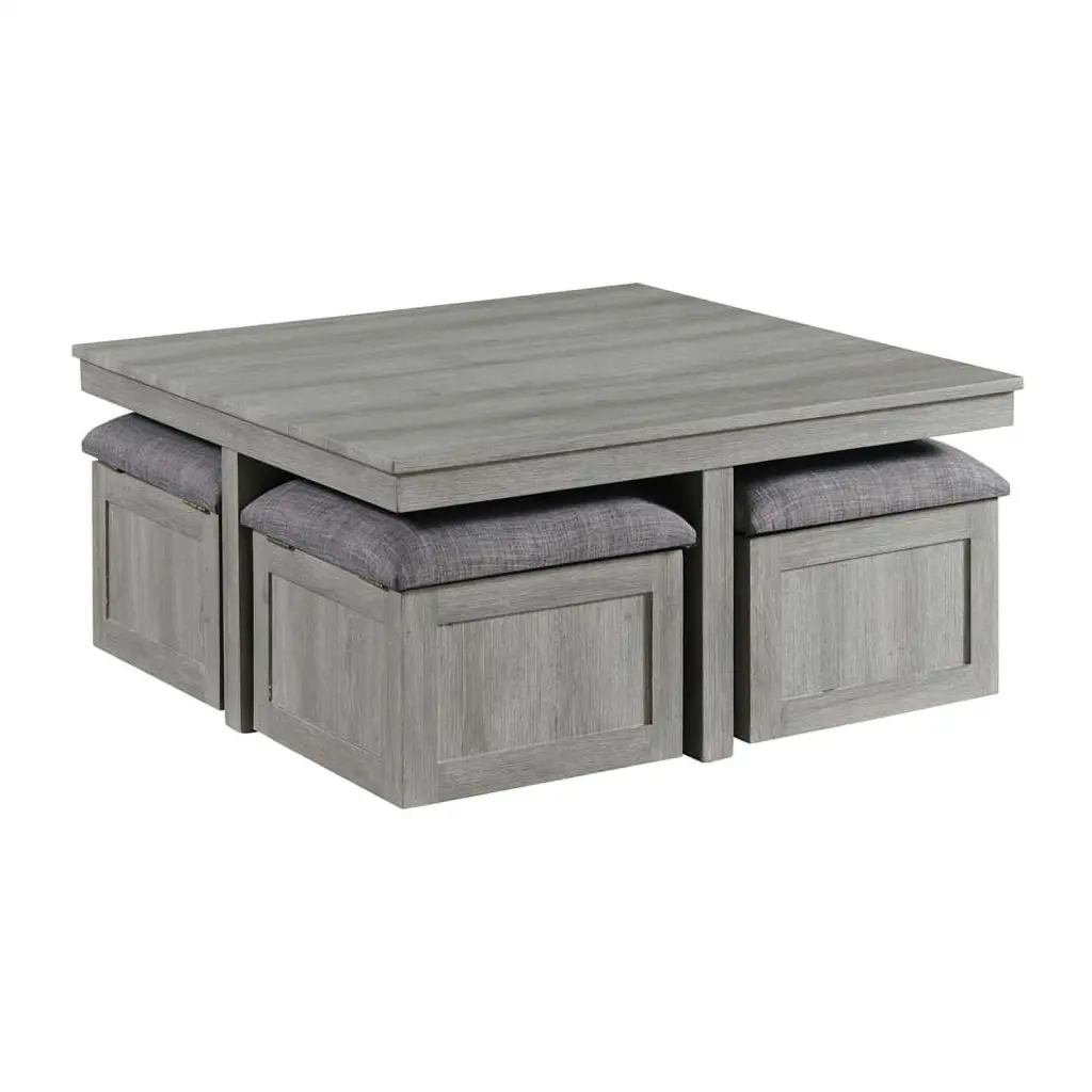 Bowery Hill Modern Coffee Table Four Storage Stools Grey