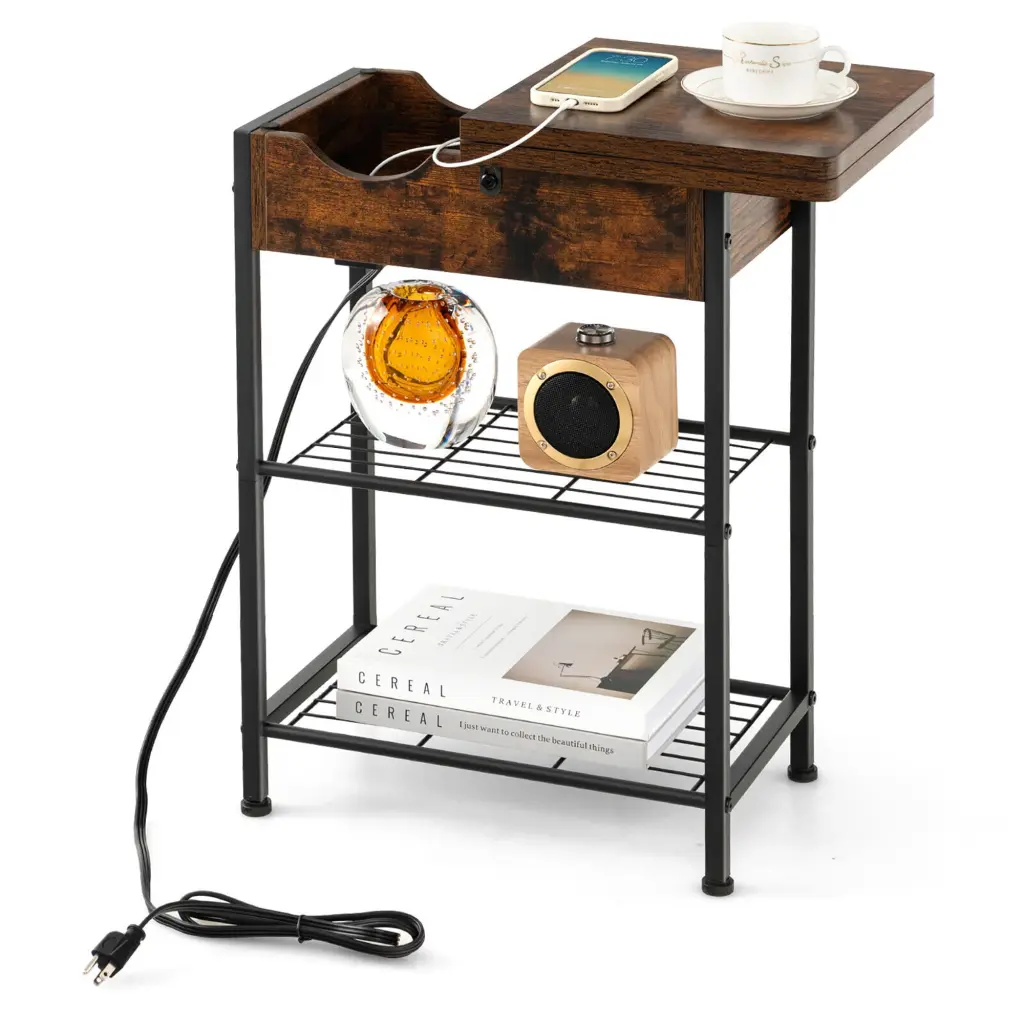 Gymax Side End Sofa Table Nightstand Charging Station and Flip-Up Top Living Room